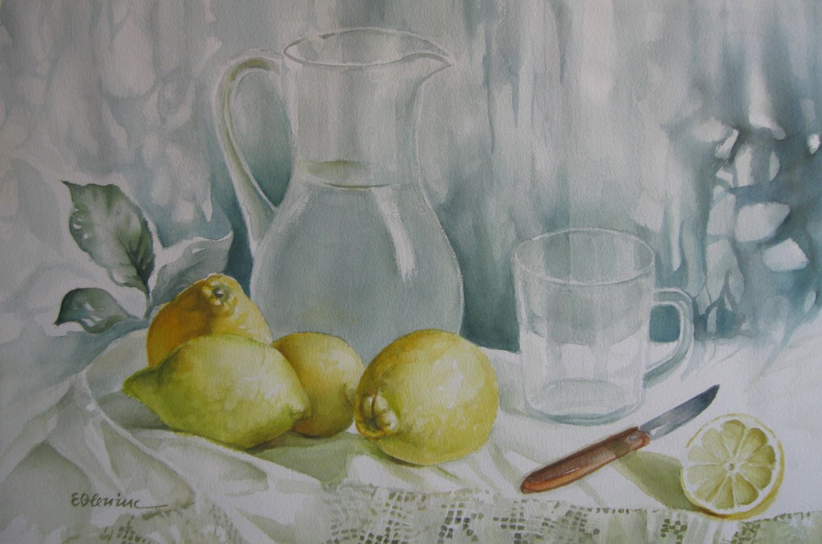 Impressionistic Still Life Watercolour By Elena Oleniuc, 22 X 15, Lemonade, Original Artwork