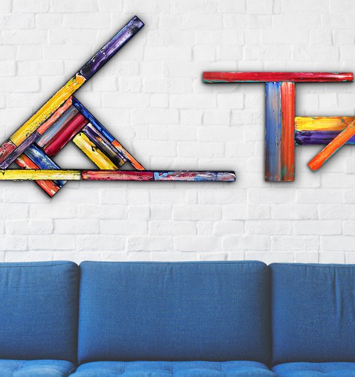 "Trying To Fit In" - Save As A Series - Original PMS Diptych Mixed Media Sculptural Paintings On Reclaimed Wood - 77 x 33 inches by Preston M. Smith (PMS)