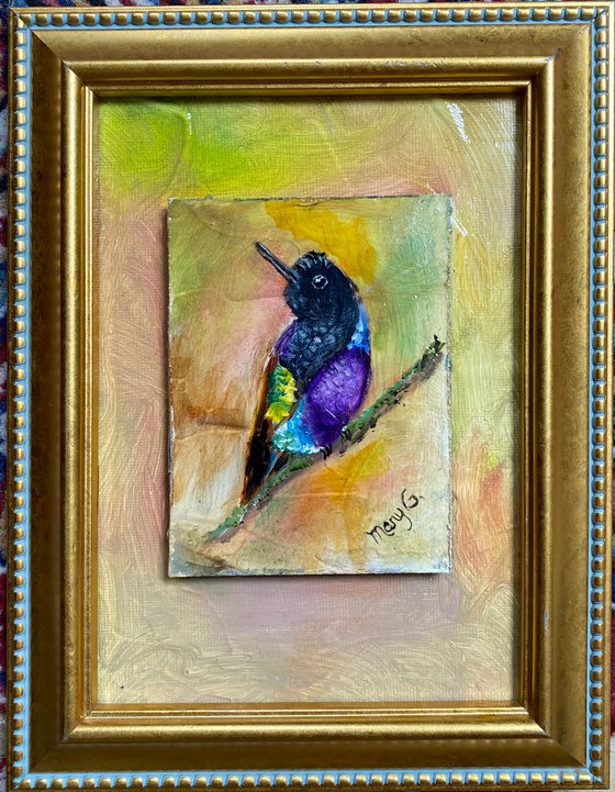 Black Throated Violet Fronted  Hummingbird Original Oil on gessoed masonite 5x7 gold frame