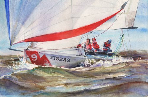 "Full speed ahead!" (yacht racing watercolor painting) by Irina Bibik-Chkolian