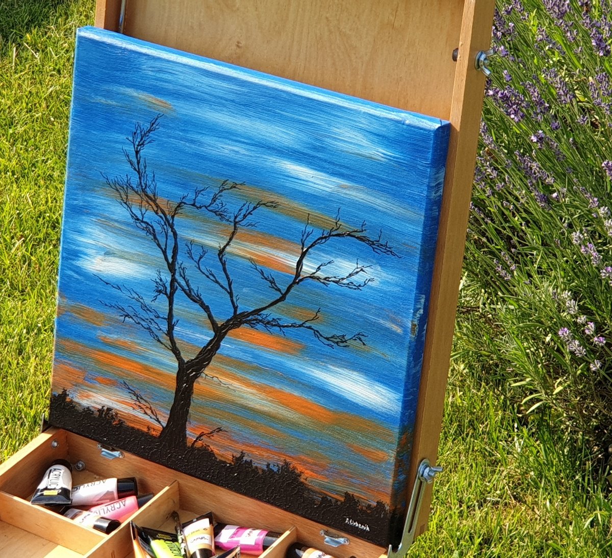 Impressionistic Landscape Acrylic Painting By Daniel Urbani?k, 16 X 16, Night Tree, Original Artwork