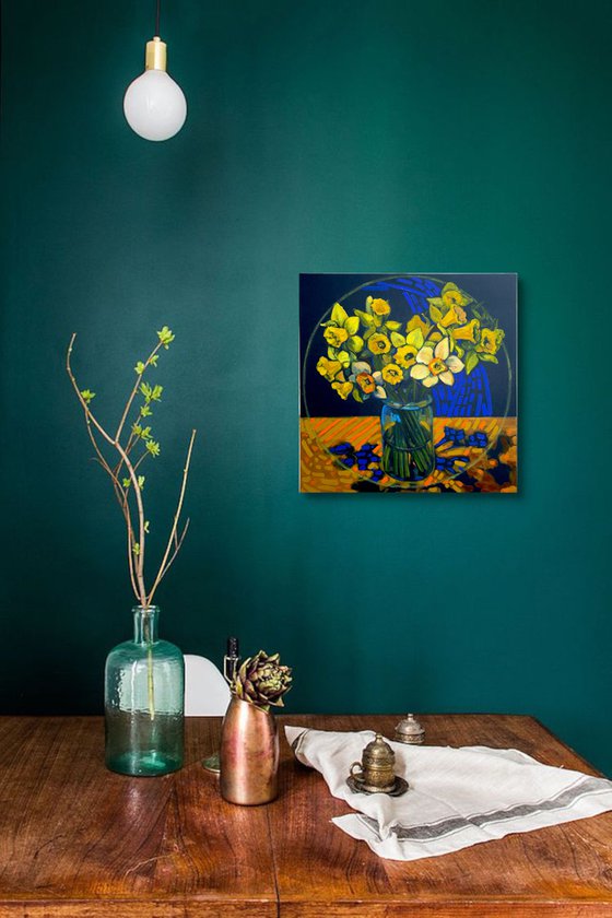 Still life with a jar of daffodils