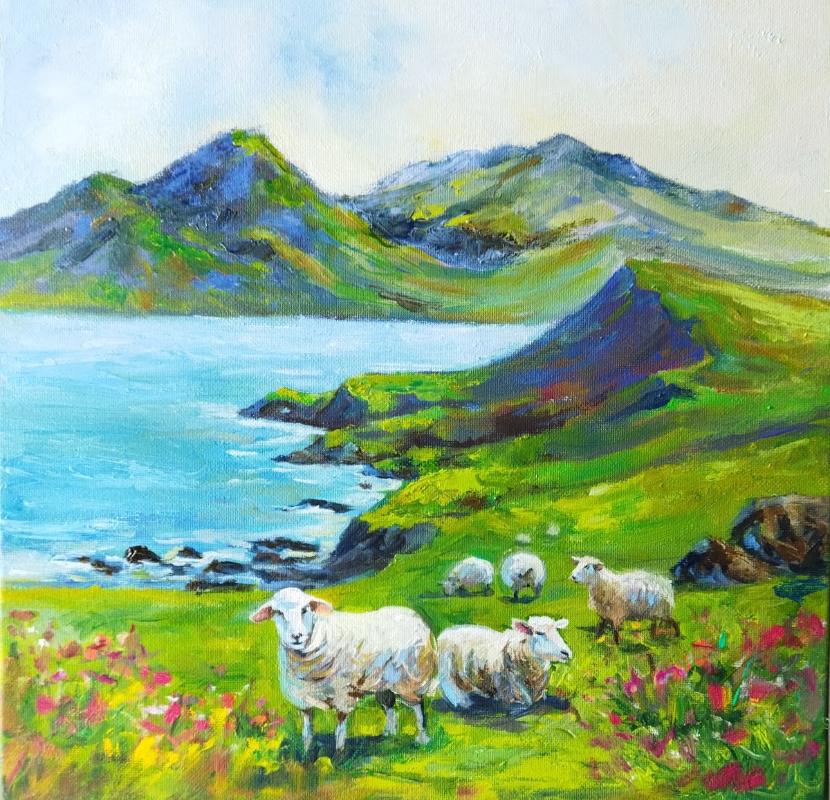 Impressionistic Landscape Oil Painting By Ann Krasikova, 12 X 12, Pastoral Serenity With Sheep, Original Artwork