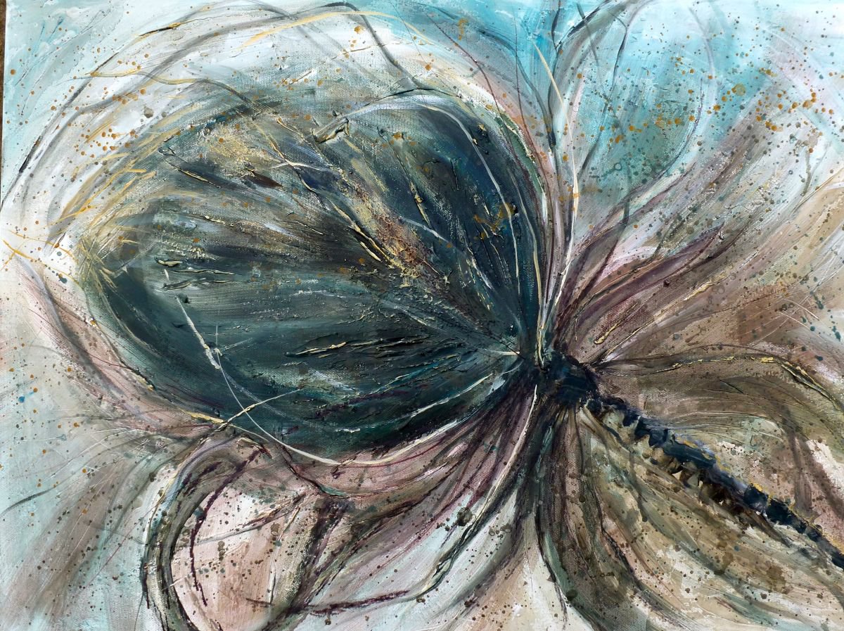 Organic Botanical Painting By Nicola Colbran, 28 X 20", Teasel And Dragonfly, Original Artwork
