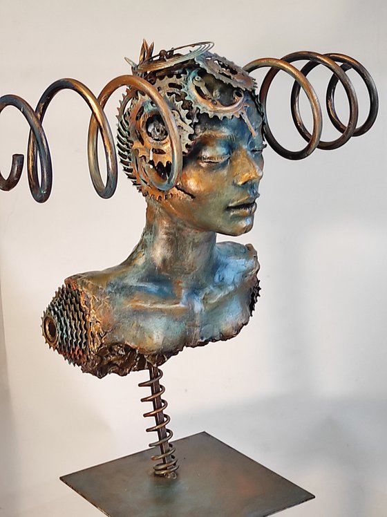 "Cyborg Woman" Unique mixed media sculpture 67x60x33cm.