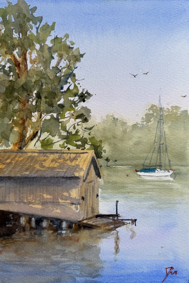 Impressionistic Landscape Watercolour By Shelly Du, 8 X 12", Sydney Harbour Berrys Bay, Original Artwork