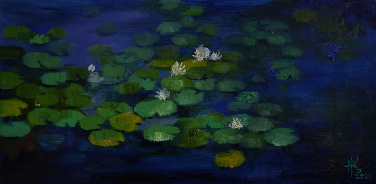 Expressive Botanical Oil Painting By Zhanna Kondratenko, 20 X 9", Lily Pond. Sleeping, Original Artwork