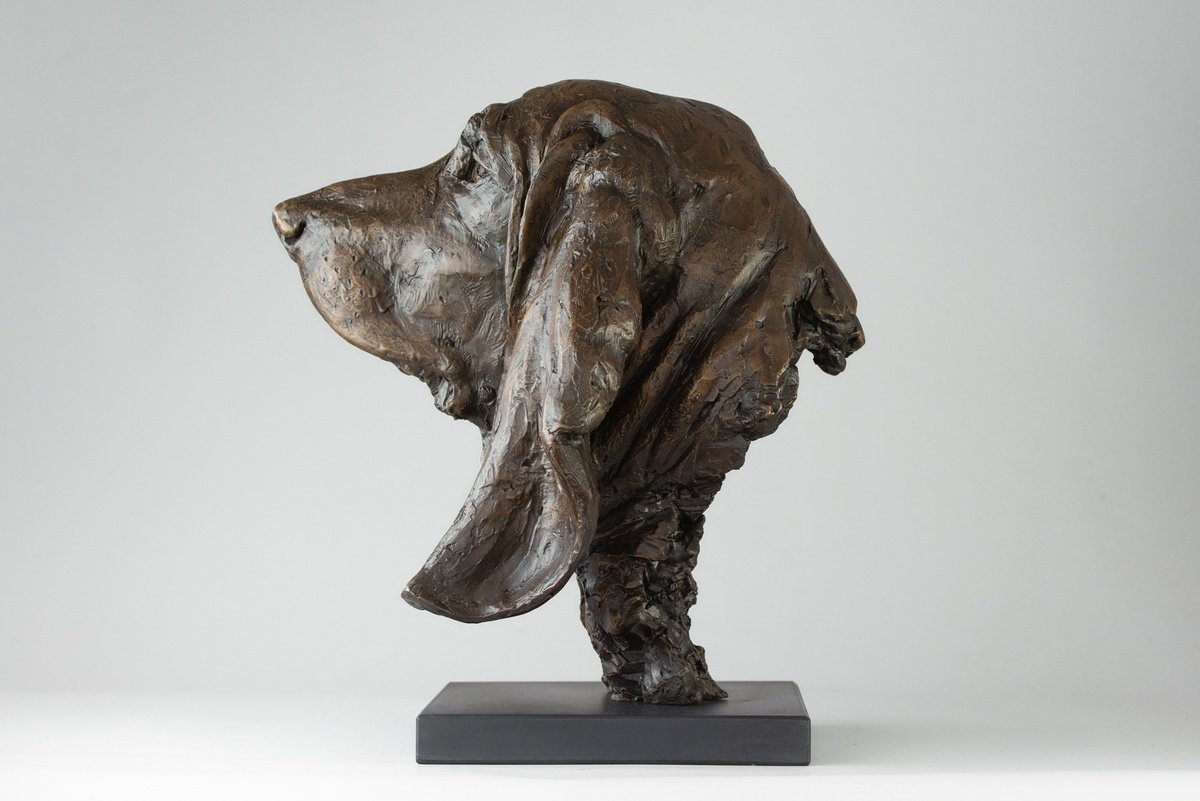 Animal Bronze Sculpture By Tanya Russell, 15 X 16", Basset Portrait Bronze Resin, Original Artwork