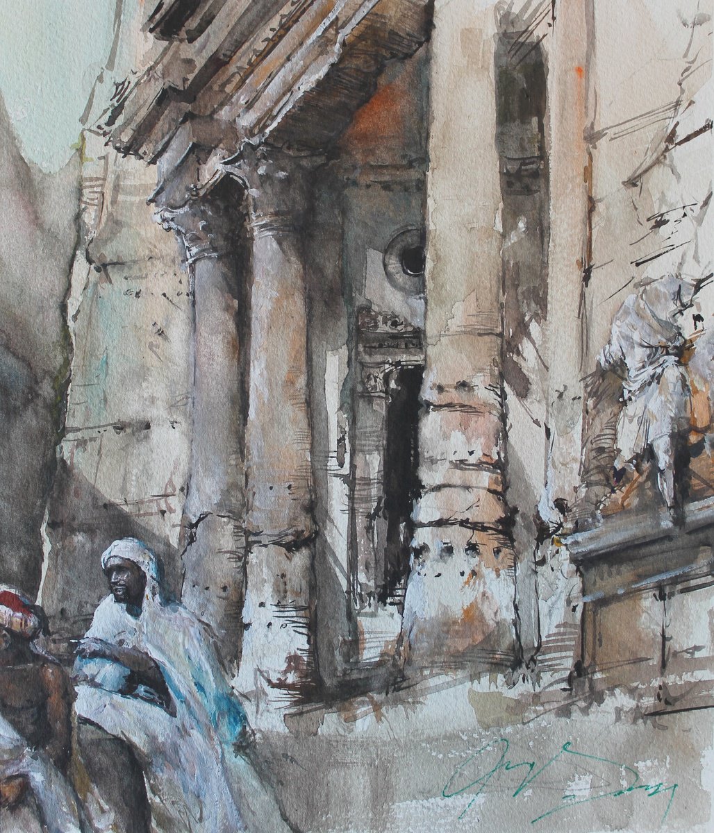 Impressionistic Cityscapes Watercolour By Maximo Damico, 14 X 16", Bedouins In Petra, Original Artwork