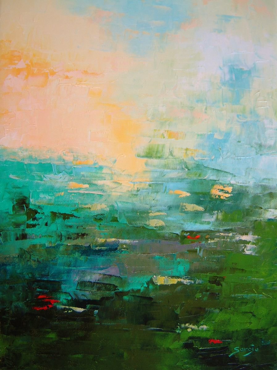 Abstract Landscape Oil Painting By Saroja Van Der Stegen, 15 X 20", Green Landscape (Ref#:892-8P), Original Artwork