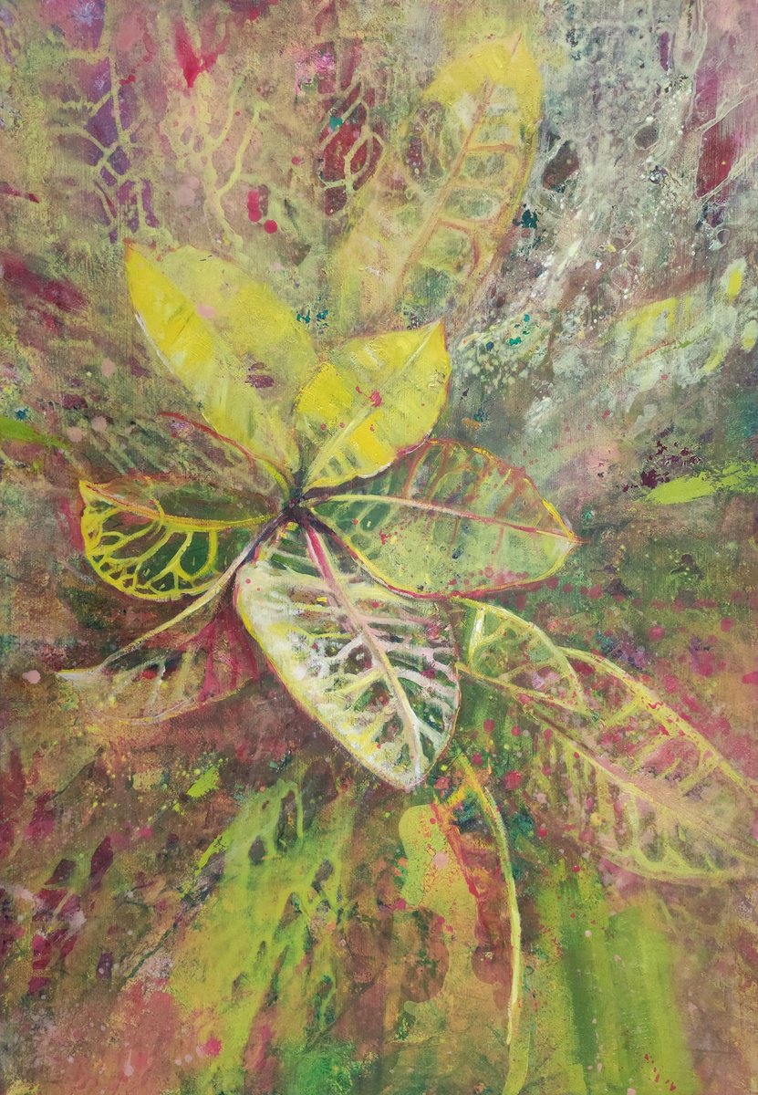 Abstract Botanical Painting By Olga Onopko, 28 X 39", Croton In Yellow, Original Artwork