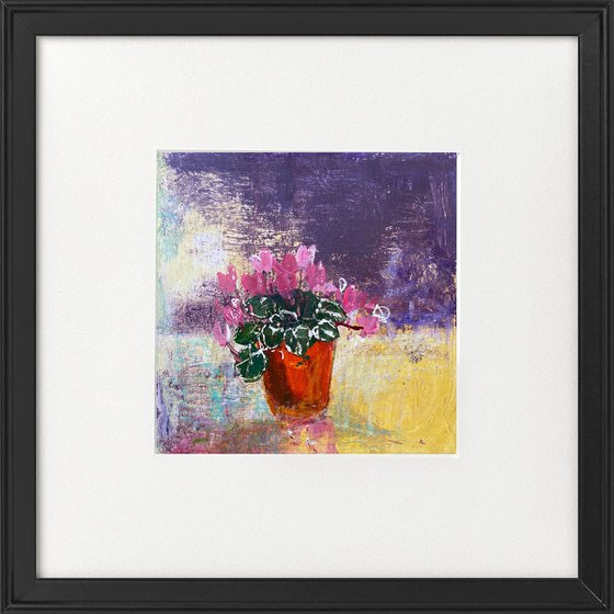 Mum's Cyclamen in Flower pot pink & yellow tones framed