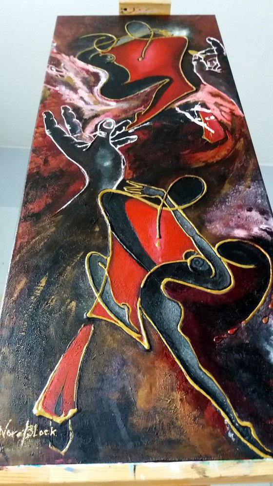 "Dance with Me", large acrilyc painting on canvas 100x40x2cm