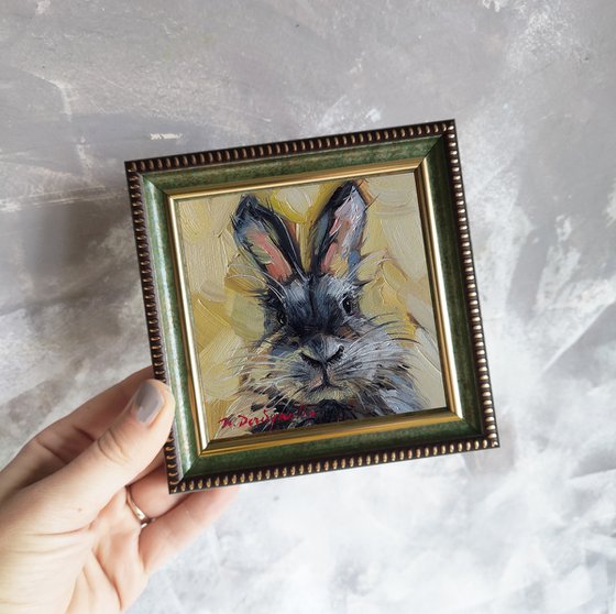 Cute rabbit oil painting original art 10x10 cm, Gray Bunny illustration nursery wall art