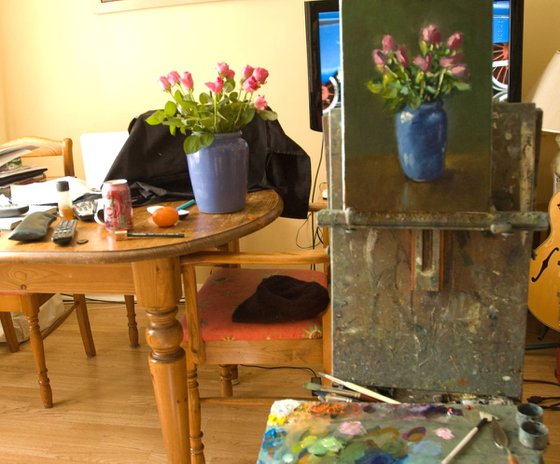 Pink Roses in Blue Vase