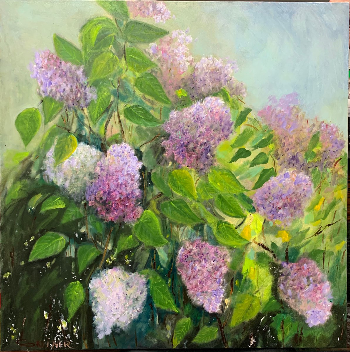 Organic Botanical Oil Painting By Leo Baxiner, 31 X 31", Lilac Spring, Original Artwork