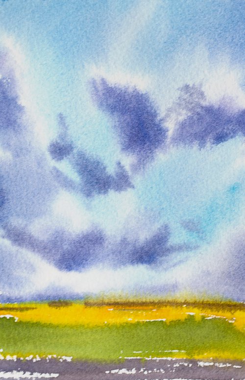 View from the train window series. Spain landscape. Original watercolor. Small watercolor natural sky clouds landscape by Sasha Romm