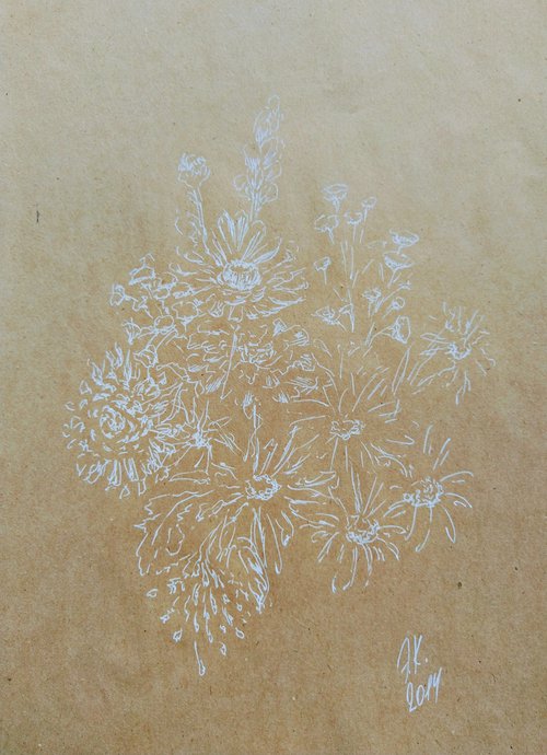 Autumn flowers. Drawing in white ink on beige paper. by Yury Klyan
