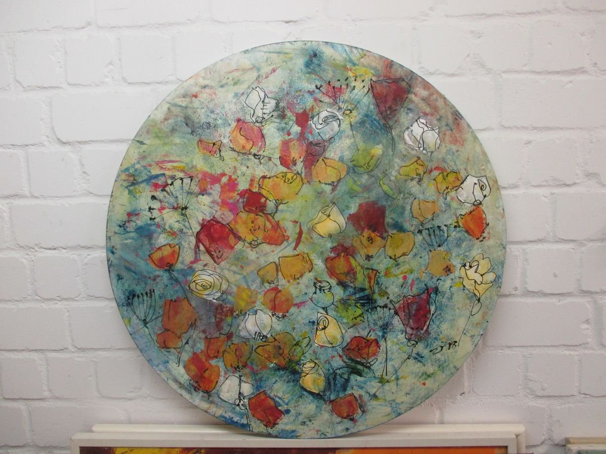 abstract golden flowers Oilpainting round canvas 31,5 inch by Sonja Zeltner-Muller