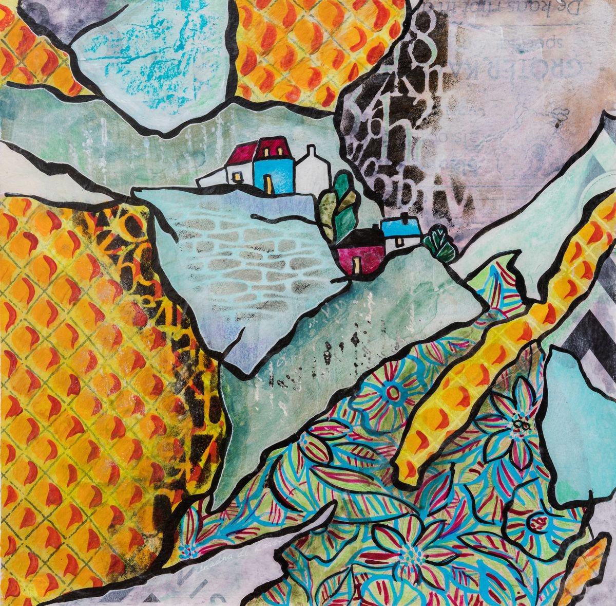 Graphic Landscape Painting By Ariadna De Raadt, 16 X 16, Art Land 3, Original Artwork