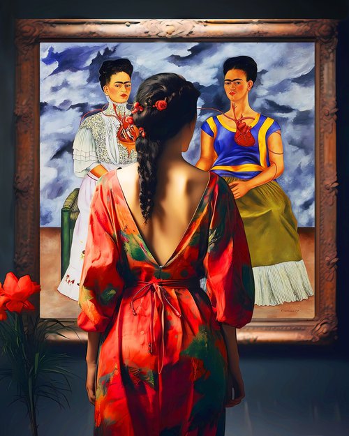 Frida Kahlo. Large original female portrait. Woman in museum art gallery with Two Fridas painting. Art Gift by BAST