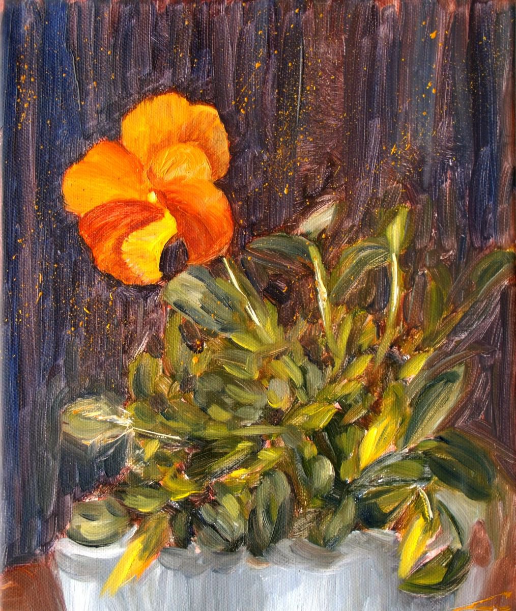 Impressionistic Botanical Oil Painting By Elena Sokolova, 9 X 12, Viola, Original Artwork