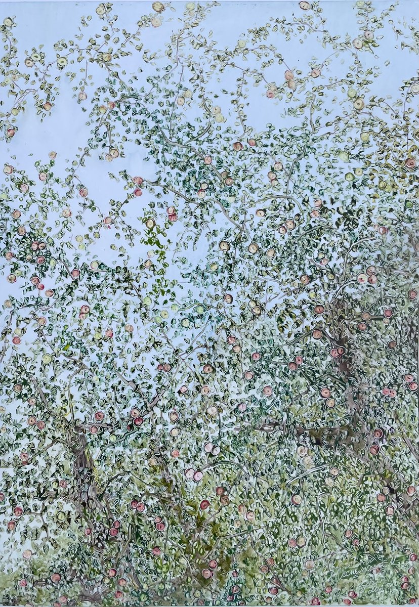 Impressionistic Landscape Oil Painting By Maija Nochevnaya, 13 X 19", Apple Trees And Blue Sky, Original Artwork