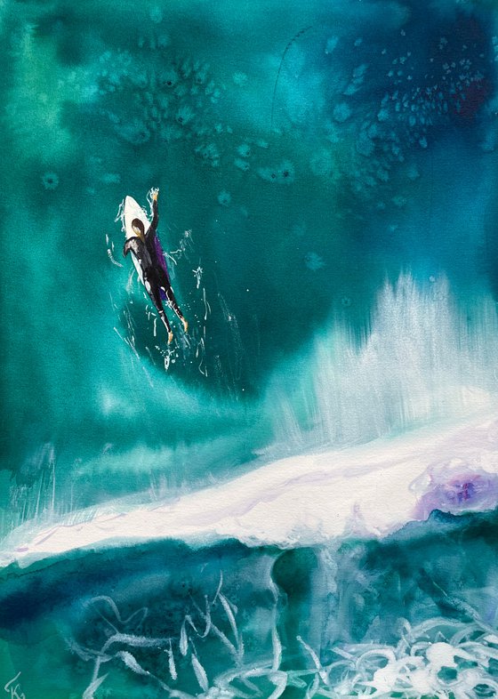 Surf Watercolor Painting, Surfing Original Artwork, Sea Ocean Art, Boho Decor, Summer Wall Art, Gift for Surfer