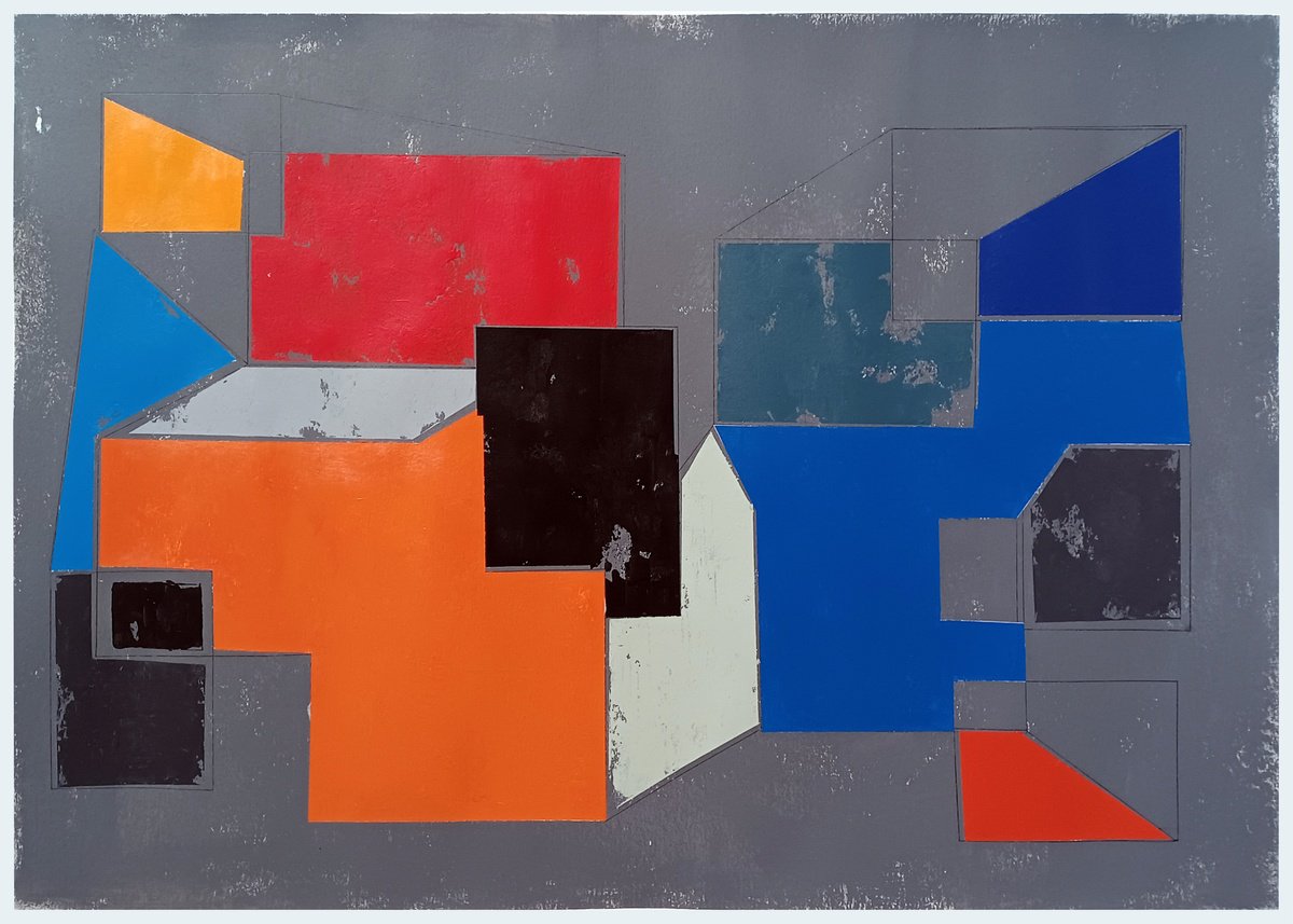 Geometric Abstract Acrylic Painting By Luis Medina, 28 X 20", Ng 32B, Original Artwork