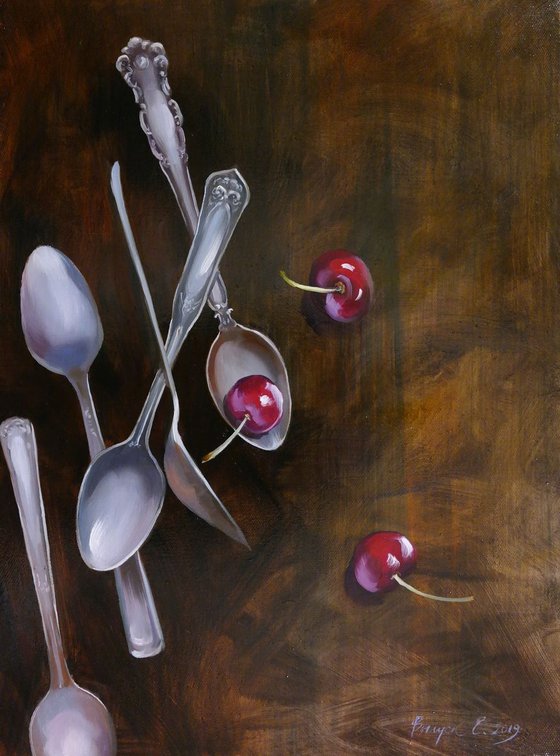 "Still Life with Spoons and Cherry"