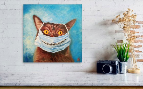 Lockdown cat, cat painting funny cat portrait 40x40 cm
