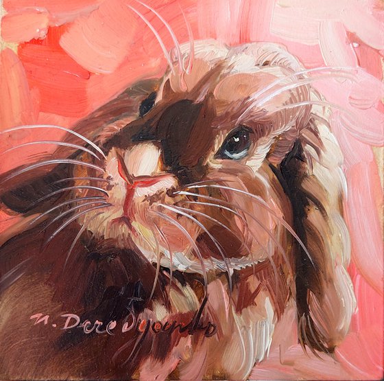 Cute rabbit painting original oil framed 4x4, Small framed art brown rabbit artwork