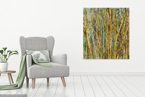 SINGING BAMBOO №2 - landscape art, large oil painting, panel, green, bamboo forest tree plant, 160x146