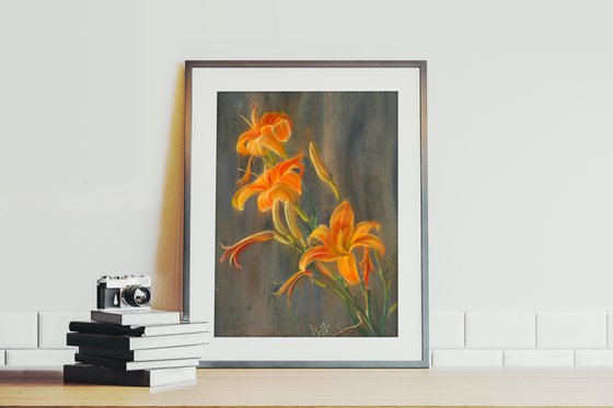 Orange daylily, 3 flowers and buds