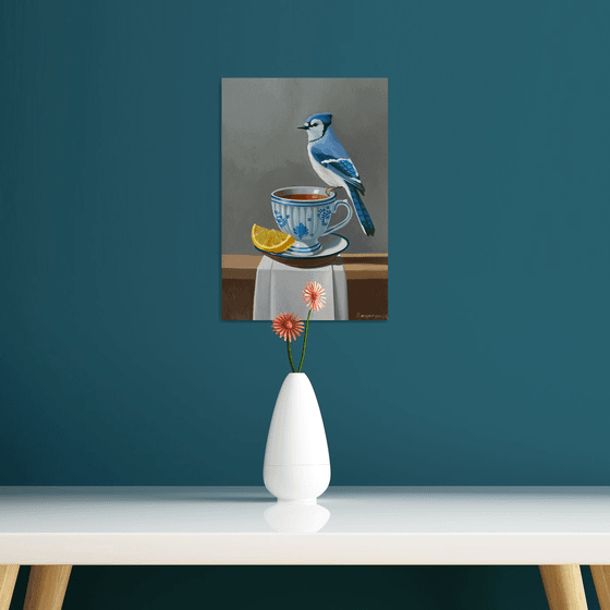 Still life with bird,  cup and lemon (24x35cm, oil painting, ready to hang)