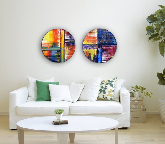 "Coming Full Circle" - Save As A Series - Original PMS Oil Painting Diptych On Circular Wooden Panels - 36 x 18 inches