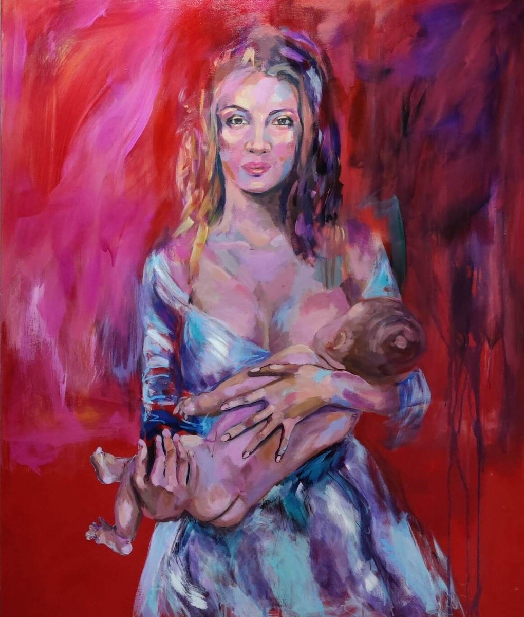 Urban And Pop Portrait Acrylic Painting By Ramona Pintea, 39 X 47", My Life, My Love, Original Artwork