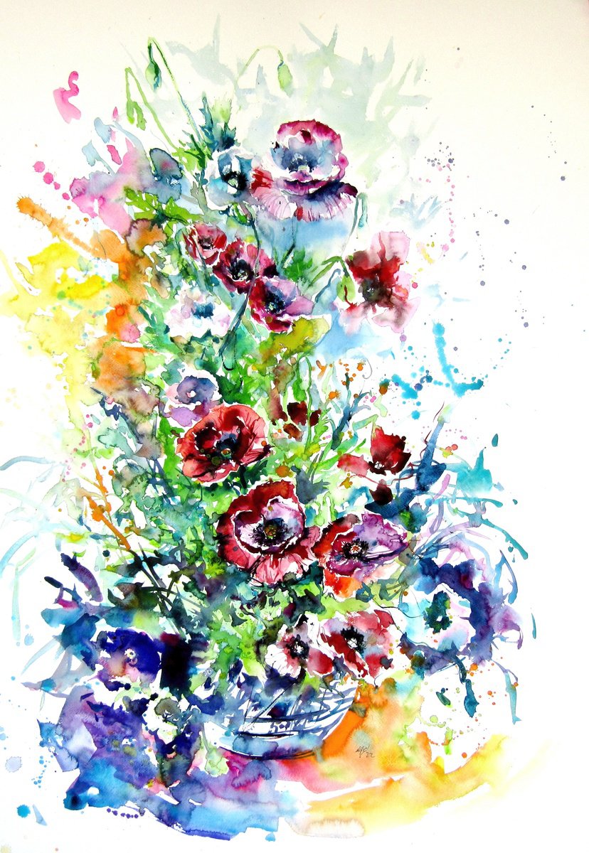 Impressionistic Watercolour , Colorful Poppies In The Garden By Kovacs Anna Brigitta, 30 X 41, Artwork For Sale On Artfinder
