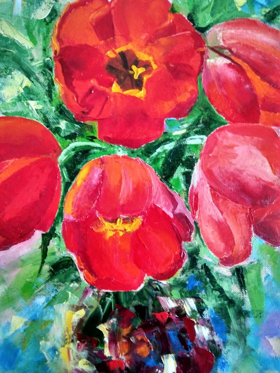 Spring bouquet Tulip Painting Floral Original Art Flower Artwork Bouquet Painting Canvas Wall Art 40x40 cm.