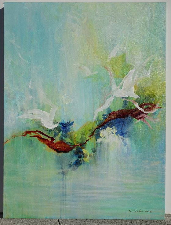 Abstract Forest Pond Painting. Floral Garden. Abstract Tropical Flowers. Original Blue Teal Green Painting on Canvas 46x61cm Modern Art
