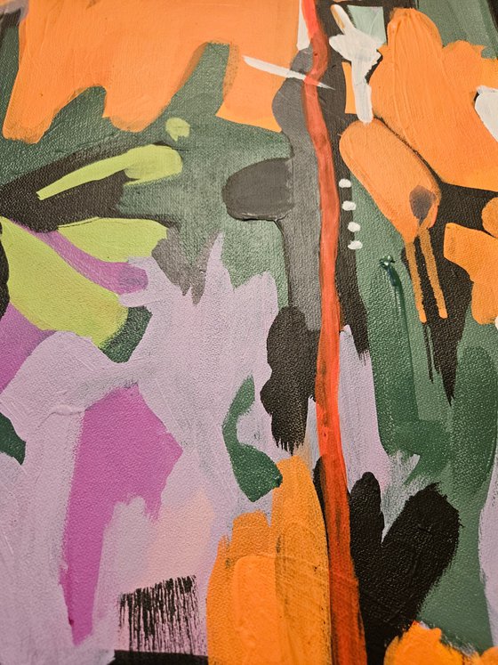 After the rain #3, orange pink black painting