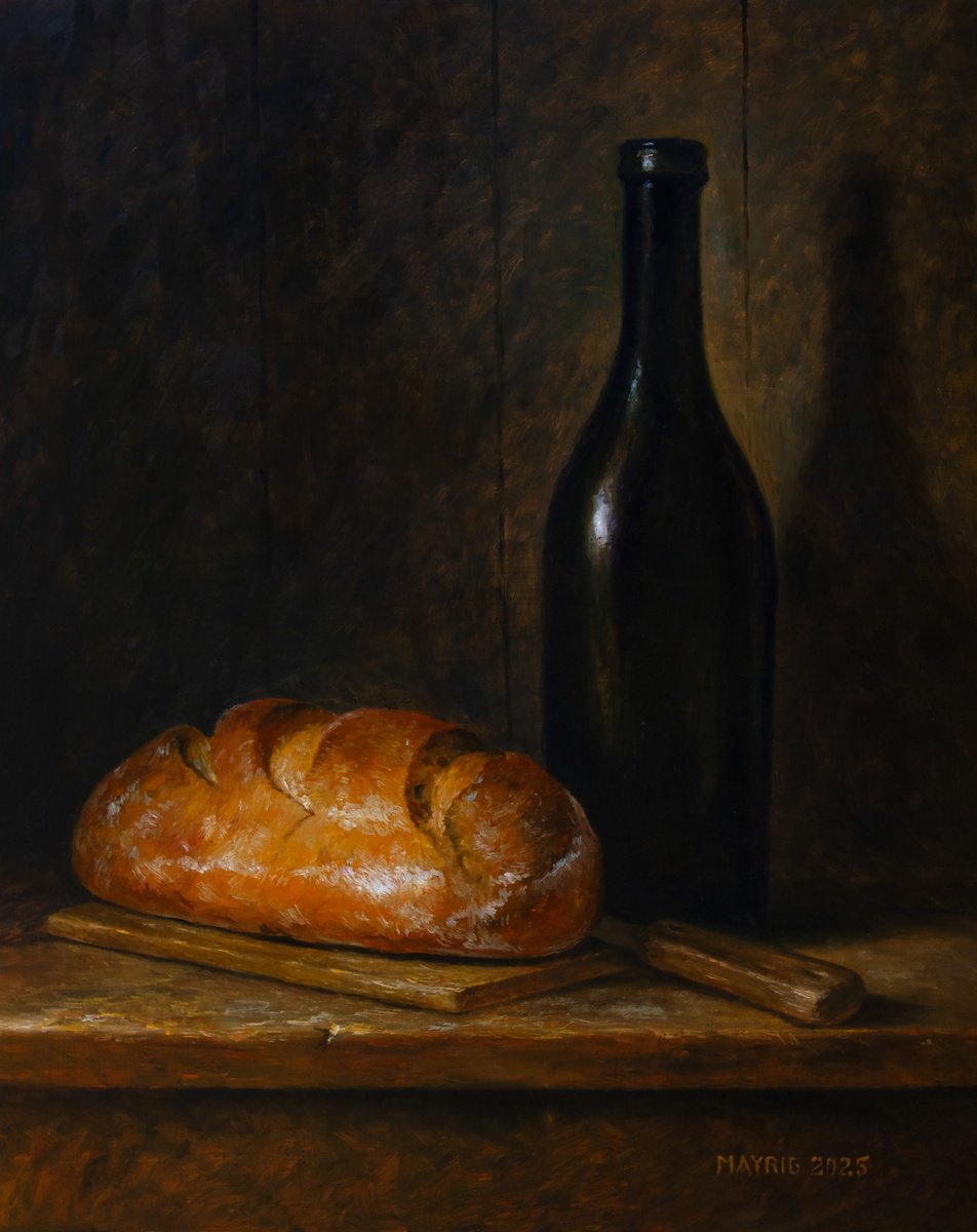 Impressionistic Still Life Oil Painting By Mayrig Simonjan, 16 X 20", Bread And Wine, Original Artwork