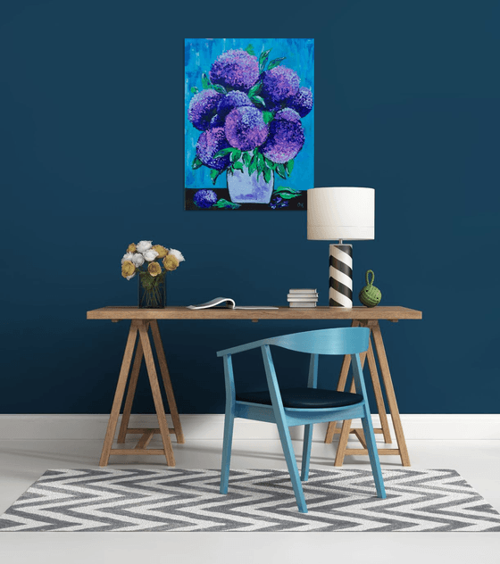 BOUQUET OF Purple and Pink  hydrangea on turquoise in a white vase palette  knife Original Acrylic painting office home decor gift