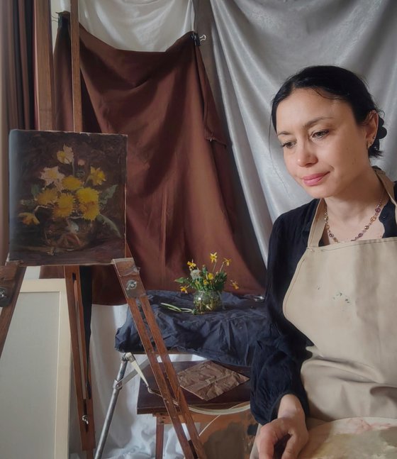 Still life with daffodils and dandelions