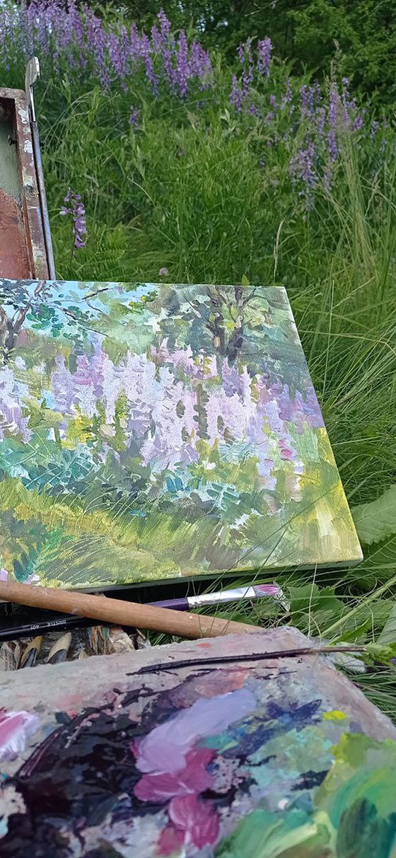 Ukrainian Provence. Oil sketch with "Mouse Pea" / ORIGINAL oil painting. Plain air summer landscape ~ 14x10in (35x25cm)