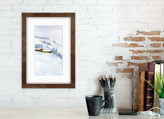 Winter in the mountains. Original watercolor artwork.