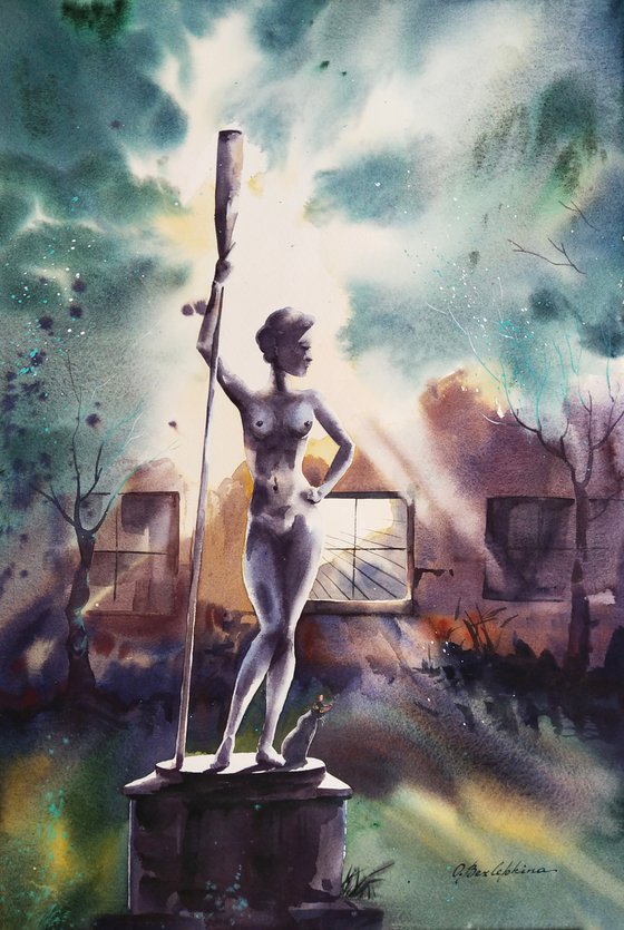 Girl with an oar #01 - Soviet kitsch park sculpture, original watercolor