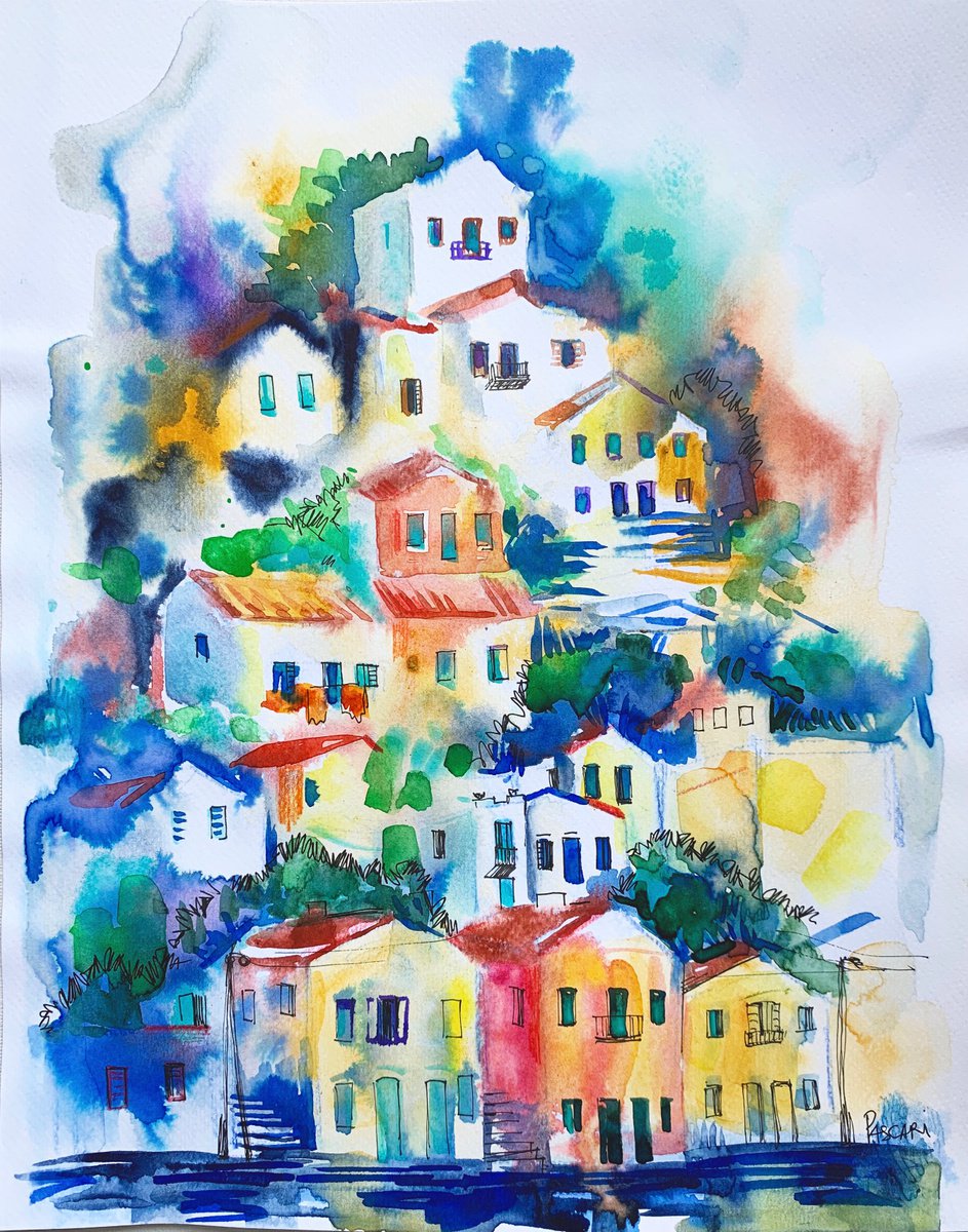 Impressionistic Landscape Watercolour By Olga Pascari, 9 X 12", Beach Greece, Original Artwork