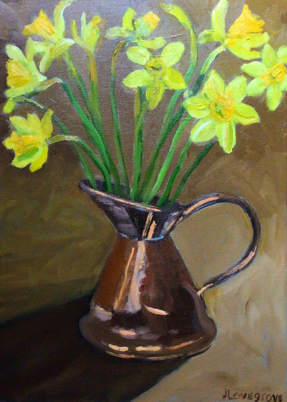 Daffodills in an antique copper jug. An original painting.