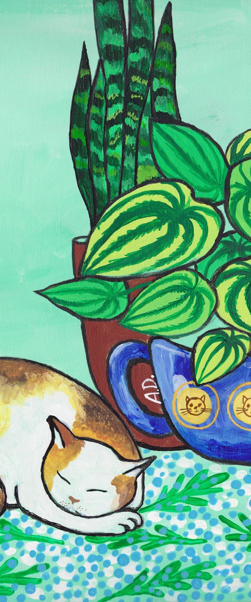 "Sleeping kitty" Maximalist Modern Matisse-Inspired Original Painting by Alexandra Dobreikin